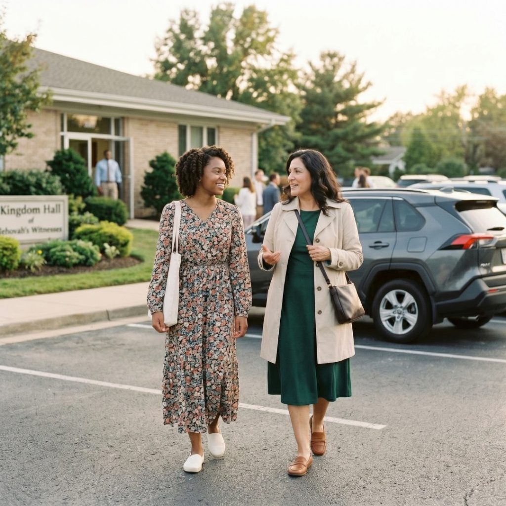 Two women walk and talk in a parking lot outside a building with a sign that reads "Kingdom Hall of Jehovah's Witnesses."