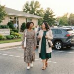 Two women walk and talk in a parking lot outside a building with a sign that reads "Kingdom Hall of Jehovah's Witnesses."