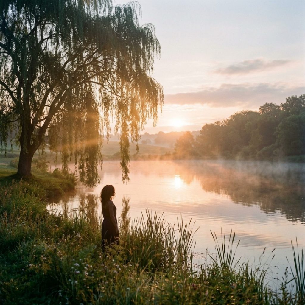 A person stands on the grassy bank of a misty lake at sunrise, with a weeping willow tree on the left and the sun low on the horizon.