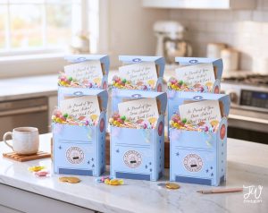 Six light blue mailbox-shaped gift boxes, each filled with colorful candies, crinkled paper, and a white card reading "So Proud of You, Dear Sister! Best Week Ever!", are arranged on a white countertop alongside a mug, loose candies, and chocolate coins.