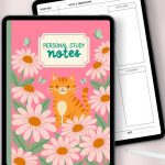 Two digital tablets are displayed, one in front showing a pink cover with a cartoon orange cat, daisies, butterflies, and the title "PERSONAL STUDY notes", and the other behind showing a digital planner page with sections for scriptures, notes, lovely gems, research, and date, with a white stylus nearby.