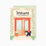 A greeting card features a cartoon illustration of a building entrance with a red door, a banner reading "Welcome TO OUR CONGREGATION", a potted plant with white flowers, and a black and white cat.