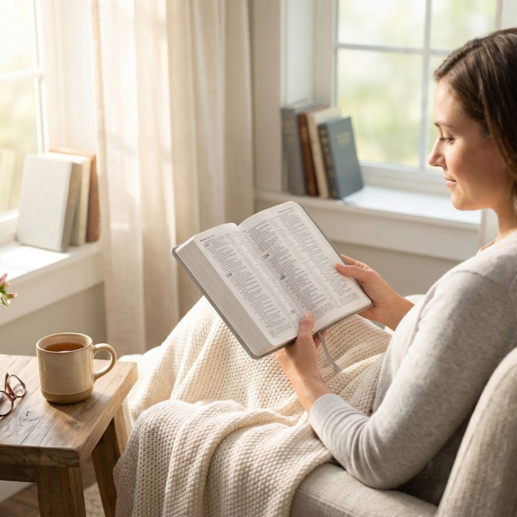 A person sits by a window, reading an open book with numbered verses, next to a table holding a cup and eyeglasses.