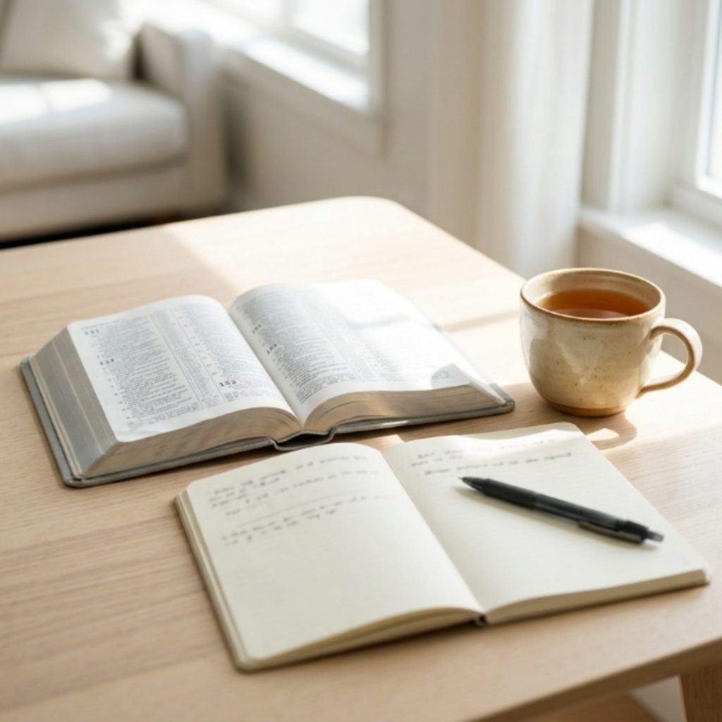 An open book, an open notebook with a pen, and a mug of tea sit on a light wooden table in a sunlit room.