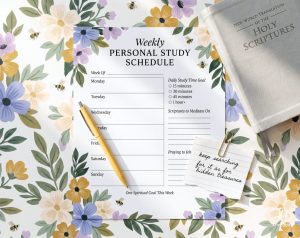 A weekly personal study schedule planner with sections for daily study, meditation scriptures, and spiritual goals, is shown next to a white Bible titled "New World Translation of the Holy Scriptures" and a note that reads "keep searching for it as for hidden treasures," all on a floral background.