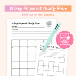 A flat lay image displays a "30 Day Personal Study Plan" document with fields for start date and study goals, a numbered grid, a light blue pen, and a pink "instant download!" graphic.