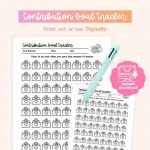 A printable "Contribution Goal Tracker" is displayed, featuring rows of envelope icons, fields for goal amount, start, and end dates, a light blue pen, and a pink graphic indicating "instant download."
