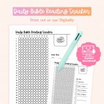 A printable daily Bible reading tracker is displayed, featuring a grid for tracking reading progress by day and month, a color key for different reading levels, a pen, and an "instant download" graphic.