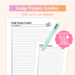 A promotional image displays a "Daily Prayer Tracker" printable with numbered lines for days, a pen, and an "instant download!" icon, with text indicating it can be printed or used digitally.