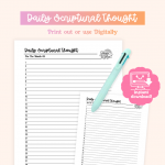 An image advertises a "Daily Scriptural Thought" printable, displaying two sheets with numbered lines for each day of the month, a light blue multi-color pen, and a pink graphic indicating "instant download!".