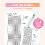 A printable "Daily Text Tracker" sheet is displayed, featuring a grid of circles for each day of the year, a color key for tracking activities like reading and meditation, a "Hope & Hue" logo, and a "instant download!" icon, with a light blue pen resting on it.