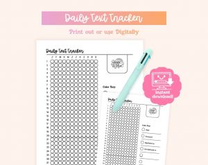 A printable "Daily Text Tracker" sheet is displayed, featuring a grid of circles for each day of the year, a color key for tracking activities like reading and meditation, a "Hope & Hue" logo, and a "instant download!" icon, with a light blue pen resting on it.