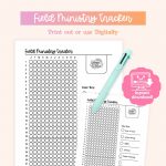 A printable "Field Ministry Tracker" is displayed, featuring a grid for tracking activities by month and day, a color key for various ministry types, and an "instant download" graphic.