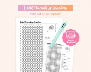A printable "Field Ministry Tracker" is displayed, featuring a grid for tracking activities by month and day, a color key for various ministry types, and an "instant download" graphic.