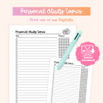 A printable "Personal Study Topics" sheet with columns for topics and progress is displayed with a multi-color pen and an "instant download" graphic, all set against a light pink background.