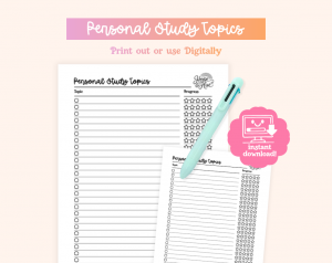 A printable "Personal Study Topics" sheet with columns for topics and progress is displayed with a multi-color pen and an "instant download" graphic, all set against a light pink background.
