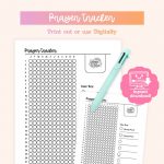 An image displays two "Prayer Tracker" printable sheets featuring a grid for tracking, a "Color Key" for morning and evening prayers, a "Hope & Hue" logo, a light blue pen, and a pink "instant download" graphic.