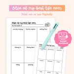 A digital planner page titled "Slice of my best life even" is displayed, showing sections for "currently studying," "favorite scripture," "meeting focus," "listening to," "thinking about," "reading," and "preparing," with a multi-color pen and an "instant download" graphic.