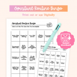 An image displays a "Spiritual Routine Bingo" game card with instructions to "Color in A Box For Each One You Accomplish," along with a pen and an "instant download" icon.