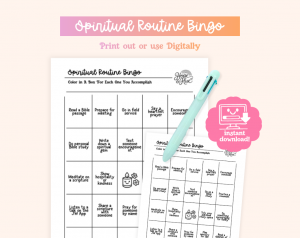 An image displays a "Spiritual Routine Bingo" game card with instructions to "Color in A Box For Each One You Accomplish," along with a pen and an "instant download" icon.