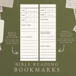 Two vintage-style bookmark templates are displayed on a dark green background, one for "BIBLE BOOK REVIEW" and the other for "BIBLE CHAPTER REVIEW," each with fields to record reading details, themes, and favorite scriptures.