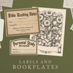 A flat lay image displays various vintage-style paper labels and bookplates, including one for "Bible Reading Notes" and another for a "Personal Study Notebook," alongside a decorative bookplate with floral motifs and the phrase "BEST LIFE EVER," all arranged on a dark green background with the text "LABELS AND BOOKPLATES" at the bottom.