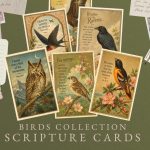 A collection of six vintage-style scripture cards featuring different birds and Bible verses, with the text "BIRDS COLLECTION SCRIPTURE CARDS" at the bottom, set against a background of old letters and stamps.