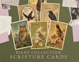 A collection of six vintage-style scripture cards featuring different birds and Bible verses, with the text "BIRDS COLLECTION SCRIPTURE CARDS" at the bottom, set against a background of old letters and stamps.