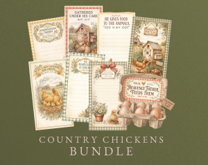 A collection of vintage-style stationery featuring chicken and farm illustrations with Bible verses, titled "COUNTRY CHICKENS BUNDLE."