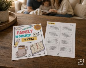 Two printable sheets titled "FAMILY WORSHIP 11 IDEAS Jonah" are displayed on a wooden table, with one sheet featuring illustrations and the other listing 11 activity ideas related to the biblical story of Jonah, while a blurred family reads in the background.