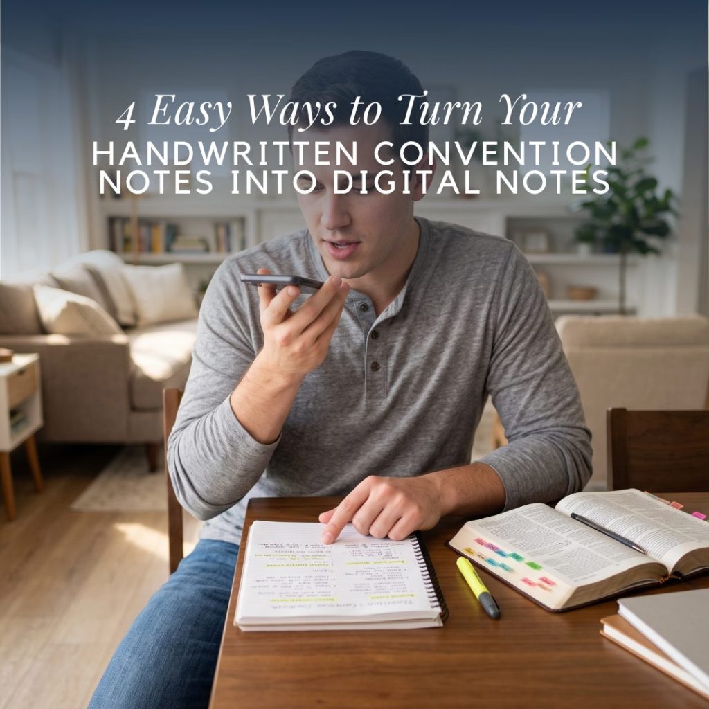 A person speaks into a smartphone while pointing at handwritten notes in a spiral notebook on a wooden table, with an open book and overlay text that reads "4 Easy Ways to Turn Your HANDWRITTEN CONVENTION NOTES INTO DIGITAL NOTES".