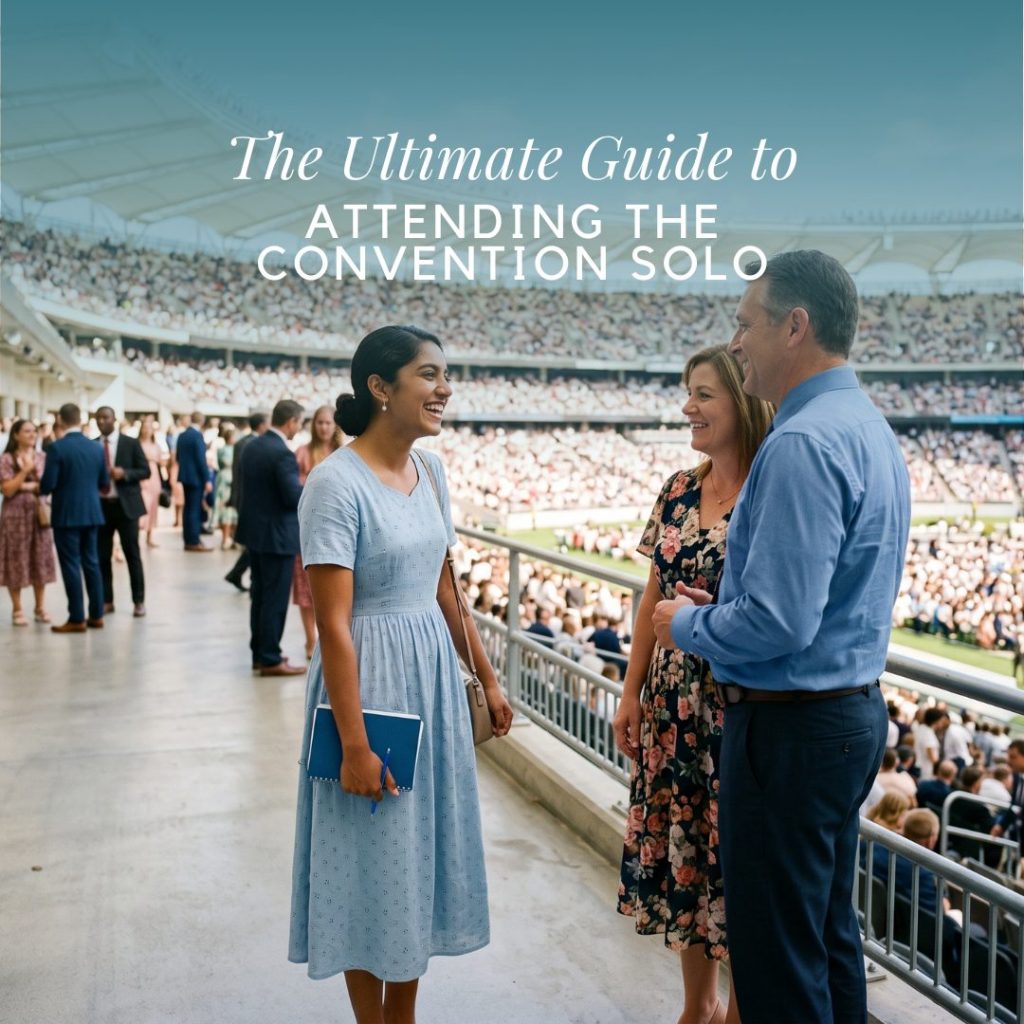 A young woman in a light blue dress holding a notebook and pen smiles while talking to an older couple in a stadium filled with people, with text overlay "The Ultimate Guide to ATTENDING THE CONVENTION SOLO".