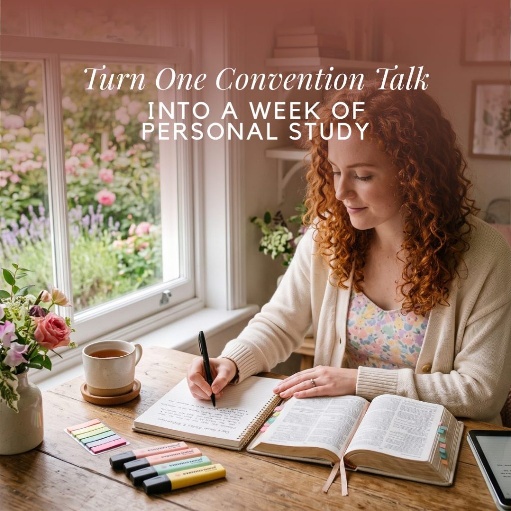 A person sits at a wooden table, writing in a notebook next to an open book, highlighters, and a mug, with the text "Turn One Convention Talk INTO A WEEK OF PERSONAL STUDY" overlaid on the image.