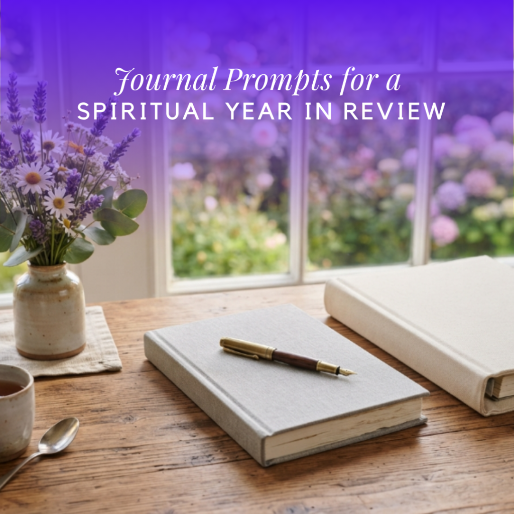 A wooden table holds a vase of flowers, a cup, a spoon, and two journals, one with a pen, in front of a window looking out onto a garden, with the text "Journal Prompts for a SPIRITUAL YEAR IN REVIEW" overlaid on the image.