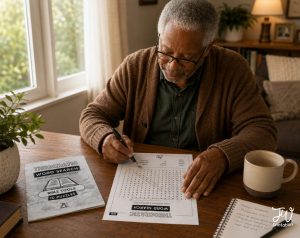 An older person is focused on a "Theocratic Word Search for Jehovah's Witnesses" puzzle, with a notebook displaying "Today's Scripture: Philippians 4:6,7" and a mug on the wooden table.