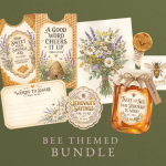 A collection of bee-themed items, including cards with honeycomb borders, a honey jar, a floral bouquet, and a bee illustration, all featuring biblical verses and the text "BEE THEMED BUNDLE."