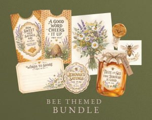A collection of bee-themed items, including cards with honeycomb borders, a honey jar, a floral bouquet, and a bee illustration, all featuring biblical verses and the text "BEE THEMED BUNDLE."