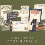 A collection of vintage-style digital ephemera for book lovers and Bible study, featuring cards with phrases like "Currently Studying," "Search for it as for Hidden Treasures," "Dig Deeper," "Write Them On Your Heart," "Keep Reading," and "What I'm Reading" templates, along with illustrations of an armchair, books, and plants, and the text "BOOK LOVERS COZY BUNDLE."