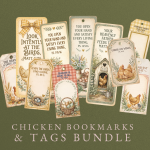 A collection of vintage-style bookmarks and tags featuring illustrations of chickens, eggs, and biblical quotes, displayed against a dark green background.