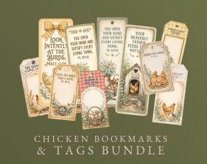 A collection of vintage-style bookmarks and tags featuring illustrations of chickens, eggs, and biblical quotes, displayed against a dark green background.
