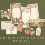 A collection of vintage-style stationery and craft items, including notepads, tags, a pincushion, and a ruler, all featuring religious and inspirational phrases, is displayed on a dark green background with the text "KINGDOM SEWING THEMED BUNDLE."