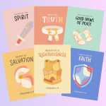 Six colorful cards illustrate the "Armor of God" from Ephesians 6, each featuring a piece of armor like the "Sword of the Spirit," "Belt of Truth," "Helmet of Salvation," "Breastplate of Righteousness," "Large Shield of Faith," and "Feet fitted with the Good News of Peace," along with corresponding Bible verses.