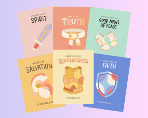 Six colorful cards illustrate the "Armor of God" from Ephesians 6, each featuring a piece of armor like the "Sword of the Spirit," "Belt of Truth," "Helmet of Salvation," "Breastplate of Righteousness," "Large Shield of Faith," and "Feet fitted with the Good News of Peace," along with corresponding Bible verses.