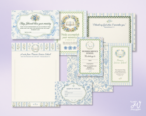 A collection of light blue and green floral-themed stationery items is displayed, including cards with Bible verses, Pioneer Service School notes, and "Keep in Touch" cards, many featuring an open Bible illustration.