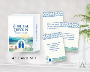 A white box labeled "Spiritual Check-In Reflection Cards" featuring an arched doorway illustration is displayed alongside three fanned-out cards showing reflection questions, with the text "45 CARD SET" and a "JW Printables" logo also visible.