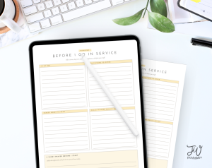 A tablet displays a digital planner page titled "MINISTRY BEFORE I GO IN SERVICE" with sections for items to bring, publications, verses, and calls, along with a prayer, while a white stylus rests