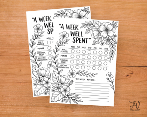 Two white sheets of paper with black and white floral designs display a weekly tracker titled "A WEEK WELL SPENT," featuring categories for "BIBLE READING," "PRAYER," "PERSONAL STUDY," and "MEETING PREPARATION" with circles for each day of the week, a "THIS WEEK I NOTICED..." section, and a "JW printables" logo.