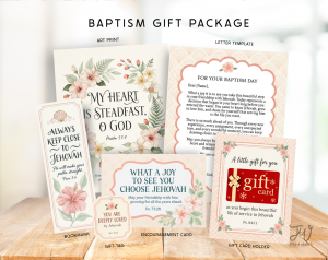 A flat lay image displays a baptism gift package including an art print, letter template, bookmark, gift tag, encouragement card, and gift card holder, all featuring floral designs and scripture verses.